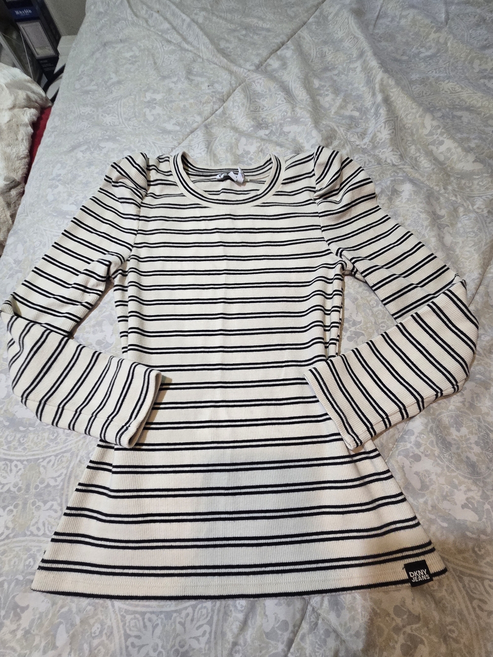 Dkny Girls' Cream & Black Striped Long Sleeve Dress